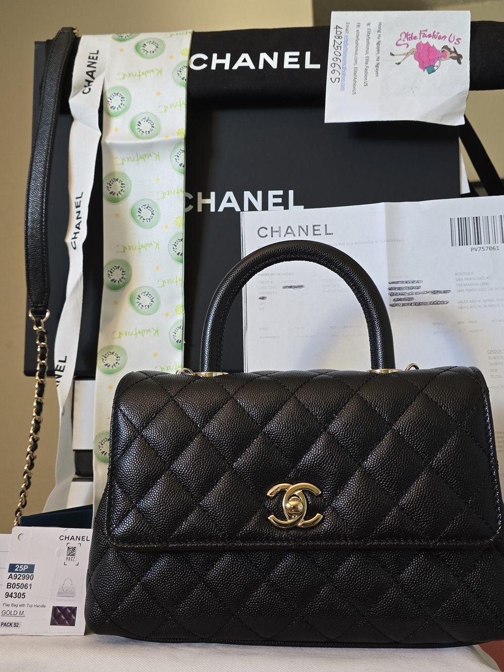 CHANEL Black Quilted Top Handle Satchel with Gold CC Receipt 2025